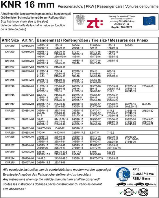 ProPlus Schneeketten – KNR255 – 16 mm Stahlglieder - Önorm-Gütesiegel – Sicherheit – Reifen – Schnelle und einfache Montage – Für verschiedene Reifengrößen – Inklusive Reparaturglieder und Aufbewahrungskoffer – 2er-Set – 4x4-Fahrzeug – Minivan, SUV/MPV