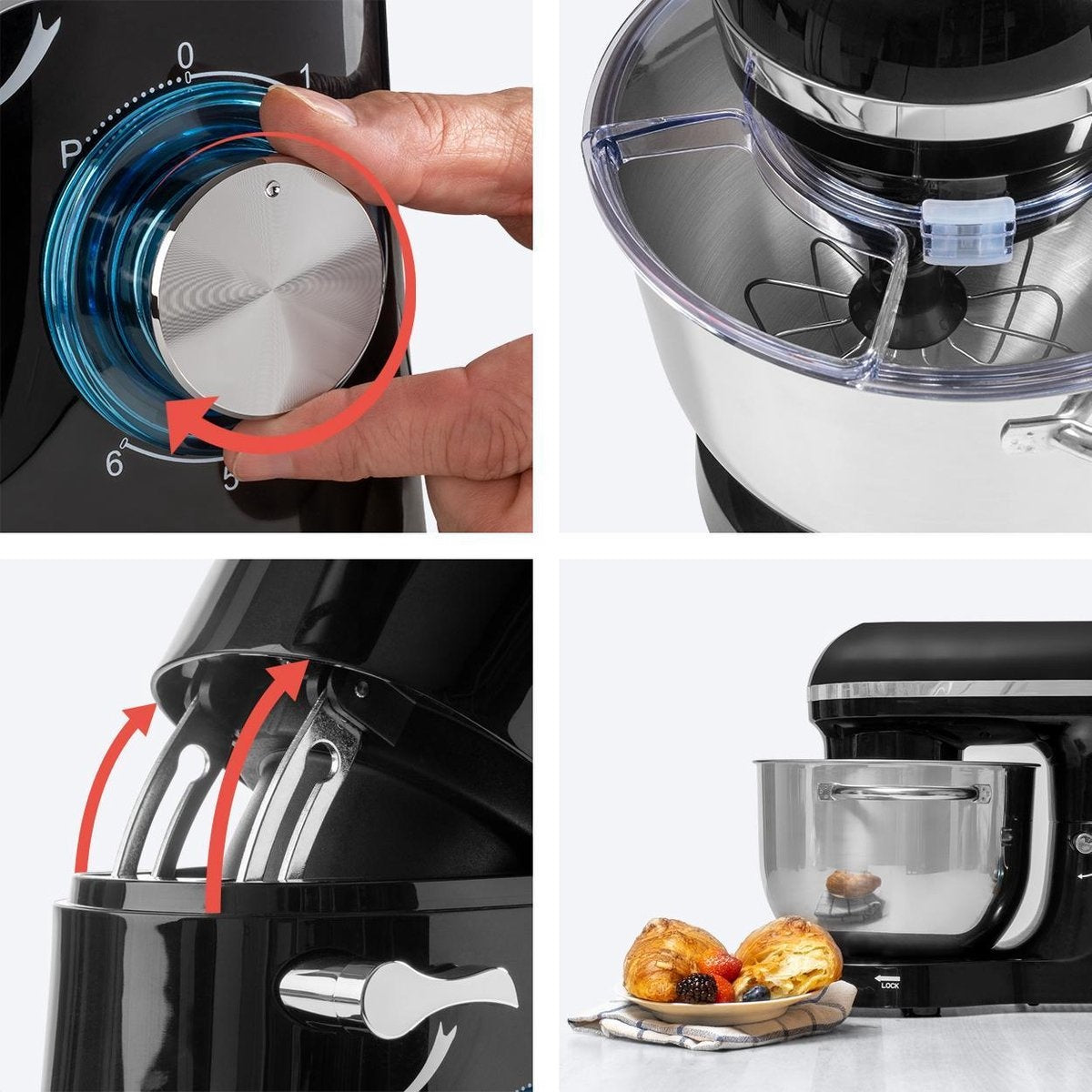 KitchenBrothers Küchenmaschine - Küchenmixer mit 6L-Edelstahl-Mixschüssel - Küchenroboter - 1400W - Schwarz