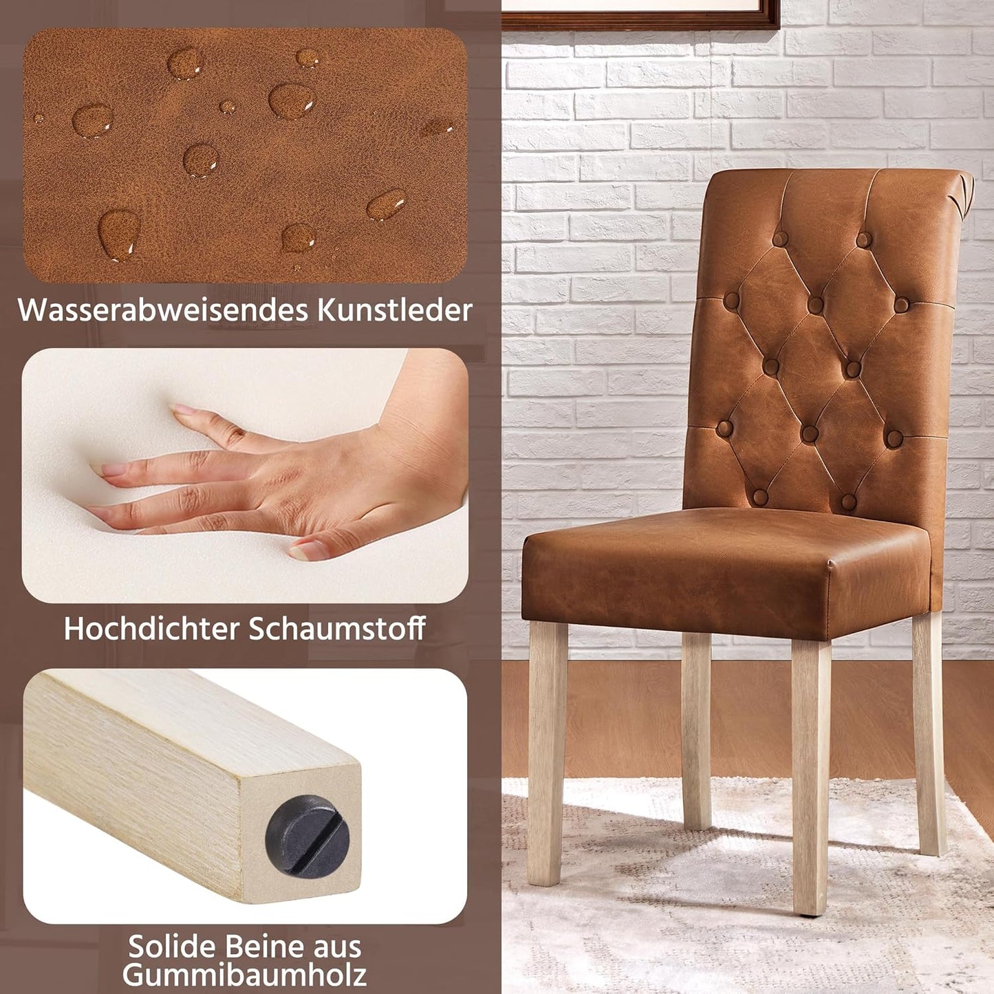 Yaheetech Esszimmerstühle, 2er-Set – Gepolsterte Küchenstühle mit hoher Rückenlehne – 62 x 45,5 x 98,5 cm – Braun