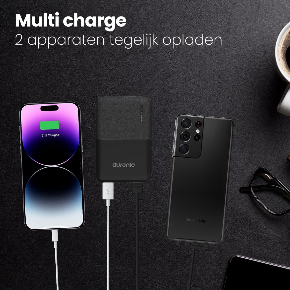 Auronic Powerbank - 10.000 mAh - 4 Anschlüsse - 2,4A USB/Micro-USB/USB-C - Inkl. Kabel - Schwarz