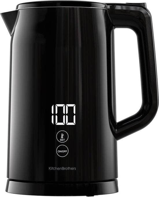 KitchenBrothers - Wasserkocher - Mit Temperaturregelung - Elektrisch - Kalkfilter - Warmhaltefunktion - Display - 1,7L - 2200W - Schwarz