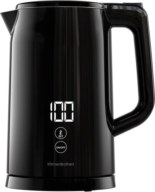 KitchenBrothers - Wasserkocher - Mit Temperaturregelung - Elektrisch - Kalkfilter - Warmhaltefunktion - Display - 1,7L - 2200W - Schwarz