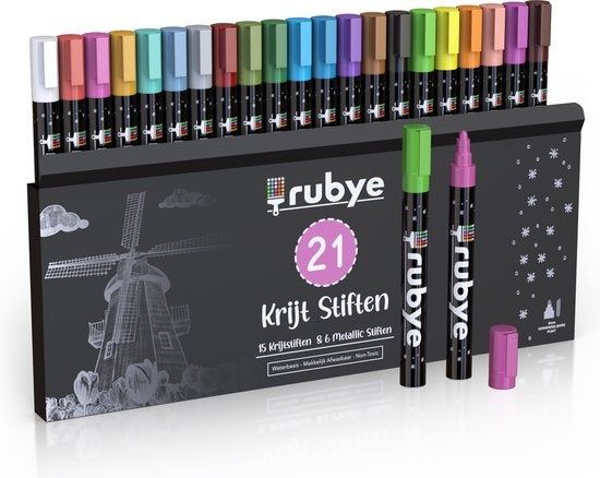 RubyeÂ® Fenstermarker Kinder - 21 Stück - Abwaschbar - Fensterkreidemarker - Whiteboardmarker