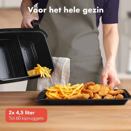 KitchenBrothers Airfryer XXL Dual Zone - 9L - 2400W - Heißluftfritteuse - Snack-Teiler - 50ºC bis 200ºC - 10 Kochprogramme - Schwarz