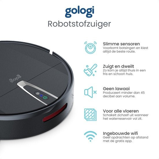 Gologi Staubsaugerroboter mit Wischfunktion - Automatisch - Mit Ladestation - Kabelloser Staubsaugerroboter - 45DB - Schwarz