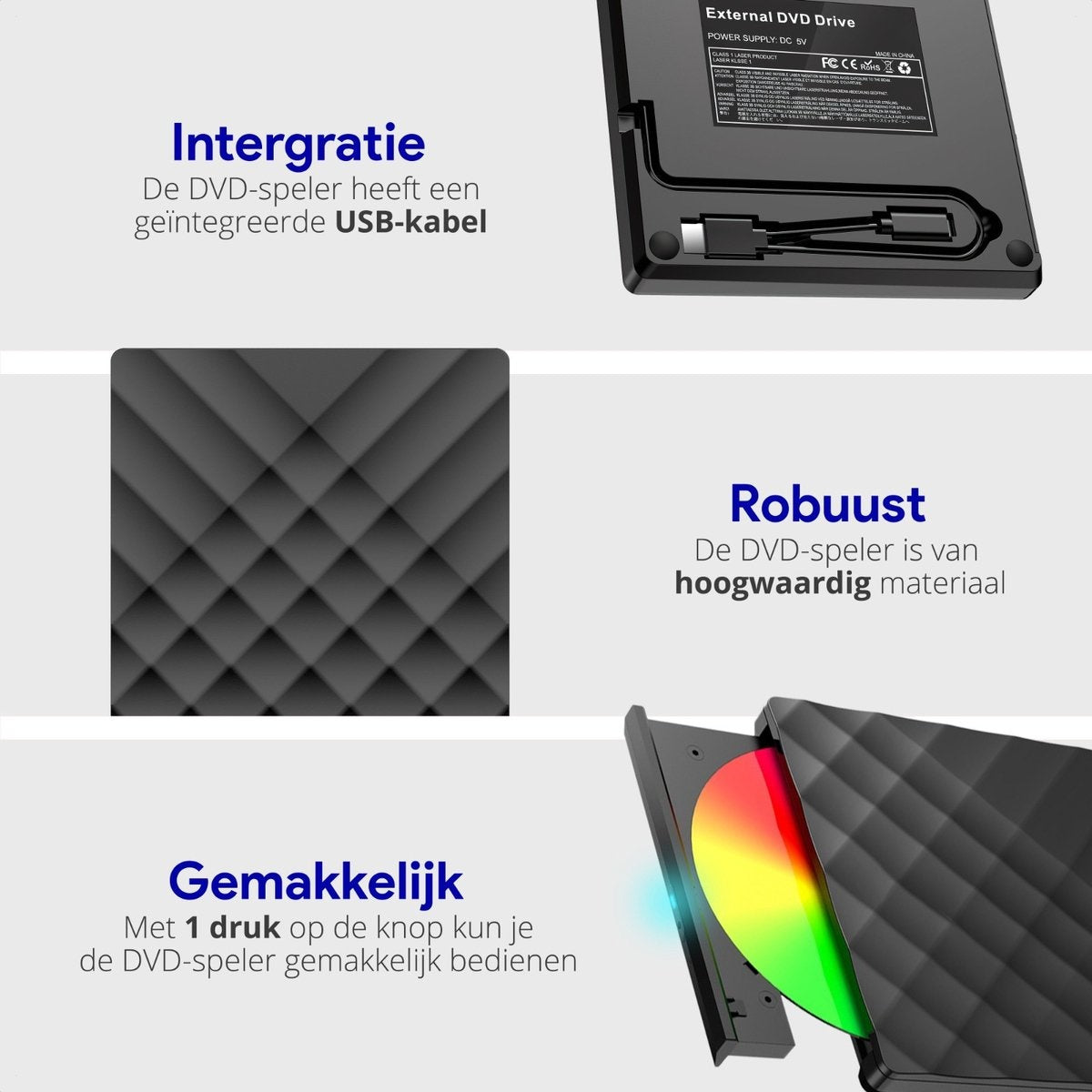 WADU externer DVD-Player für Laptop - Optisches Laufwerk & Brenner - DVD/CD-Laufwerk - Geeignet für Laptop & Macbook - Mini USB und USB C