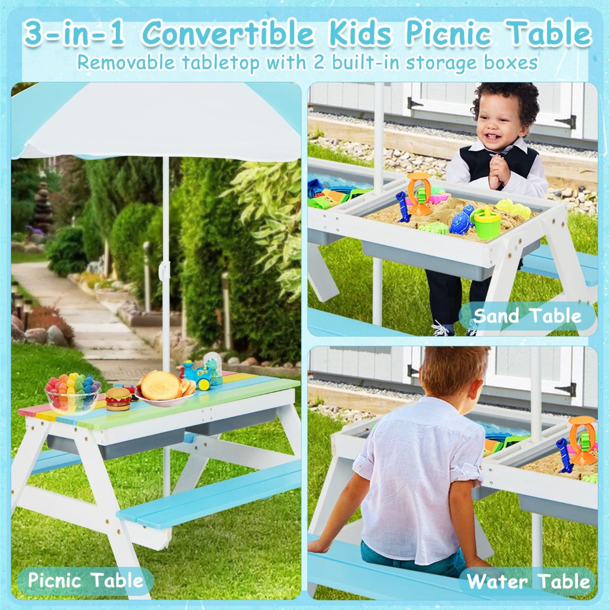 Coast 3-in-1-Picknicktisch-Set für Kinder – mit Sonnenschirm und Bänken – mehrfarbig