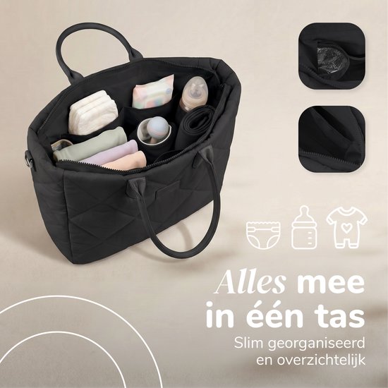 Mommsy Wickeltasche – Wickeltasche – Mom Bag – Thermofach – Gesteppter Puffer-Stoff – Mommy Bag – Besonders geräumig – Wasserabweisend – Organizer – Leicht – Schwarz
