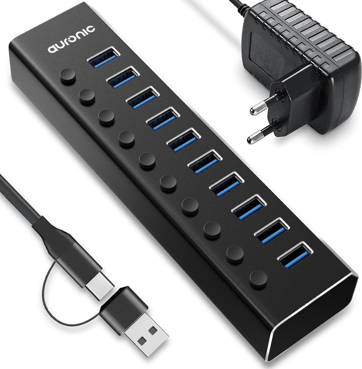 Auronic USB Hub 3.0 - USB Splitter mit 10 Ports - mit Netzteil - 5 GBPs - Led-Anzeige - Schwarz