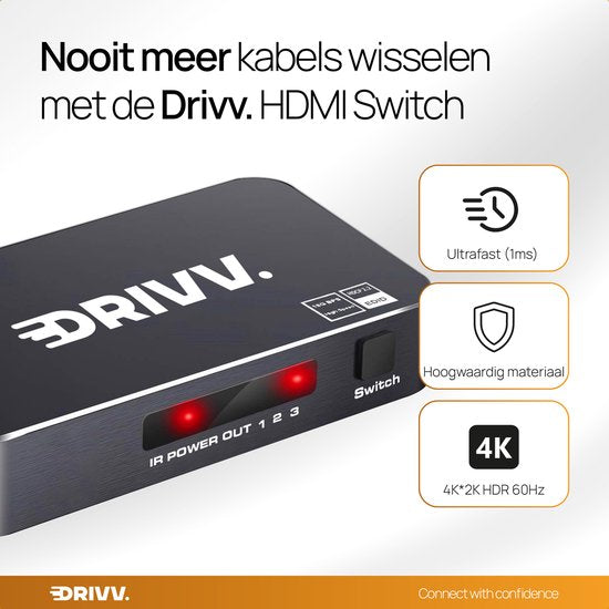 Drivv. HDMI Umschalter 4K 60Hz - 3 Eingänge 1 Ausgang - Inklusive Fernbedienung - Automatische Umschaltung - 780/1080p/4K - Schwarz
