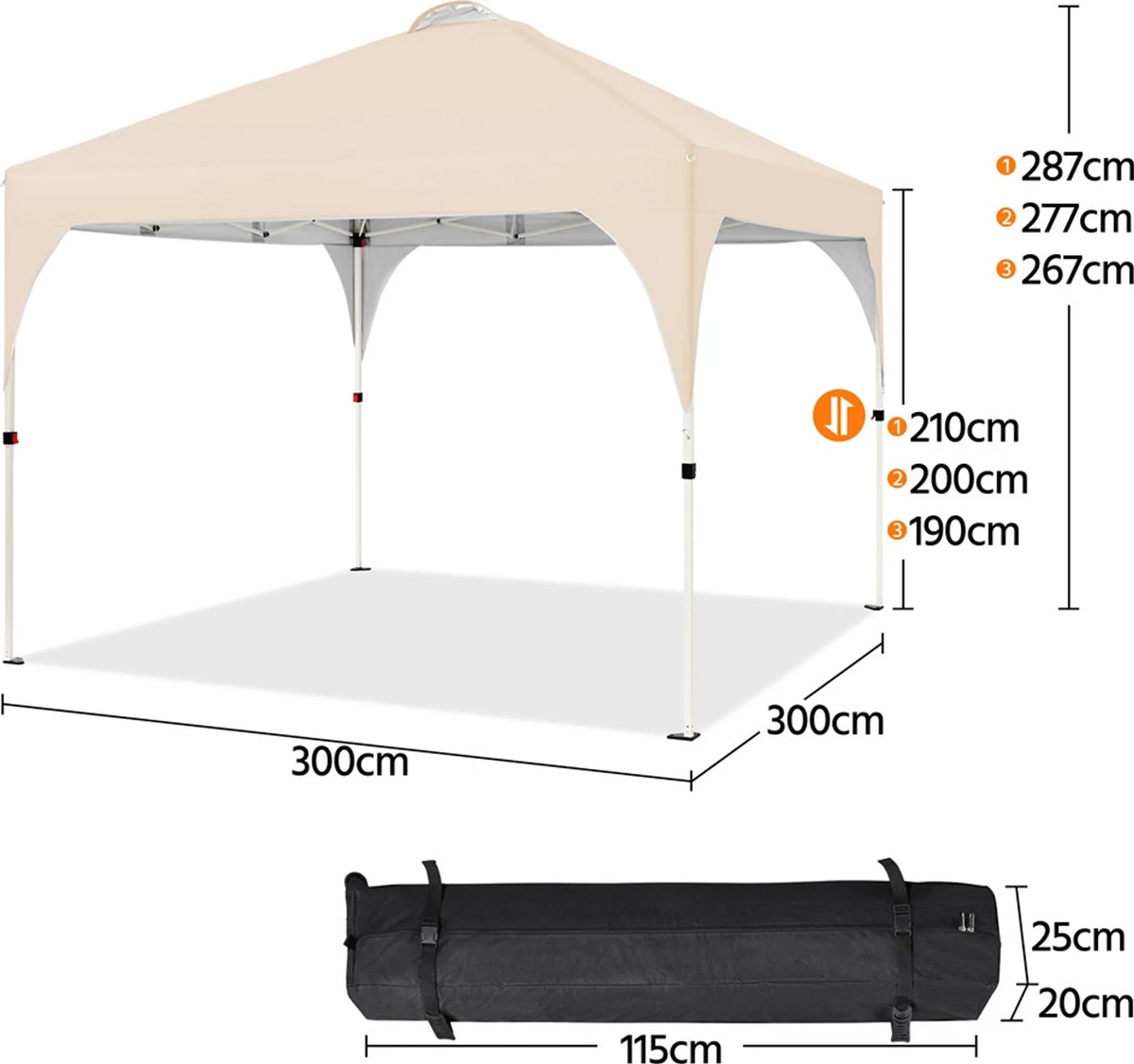 Yaheetech Pop-up-Pavillon 3 × 3 m, höhenverstellbar, mit Rolltasche, Sandsäcken und Heringen, beige