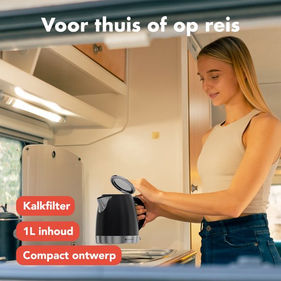 KitchenBrothers Wasserkocher - Elektrisch - 1 Liter - Kleine Campinggröße - Reise-Wasserkocher mit Kalkfilter - Titanium Grau/RVS