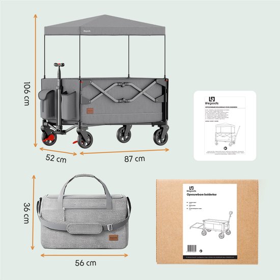 LifeGoods Wagon - faltbar - Kindertransport - mit Dach - 80KG Tragfähigkeit - Strandwagen - schwenkbare Räder - grau