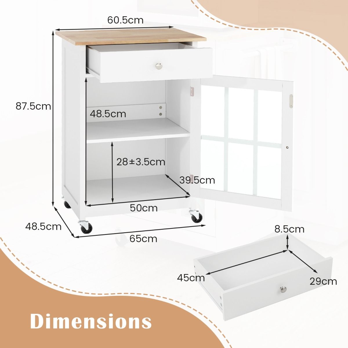 Coast Kücheninselwagen mit Holzplatte, Glastür und Schublade – 65 x 48,5 x 87,5 cm – Natur/Weiß