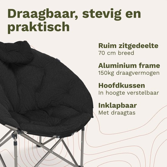 TRVLMORE Campingstuhl XL - klappbar - 150KG Tragkraft - inkl. Tragetasche - Klappstuhl - Campingstuhl - Klappstuhl - Schwarz