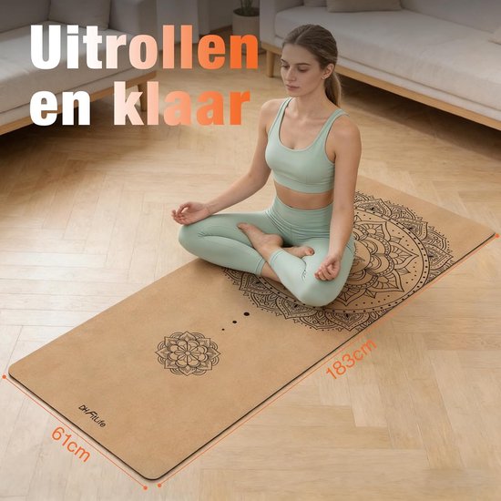 DH FitLife Yogamatte aus Kork – Mandala Harmony – 183 x 61 cm – 6 mm – Mit Tragegurt