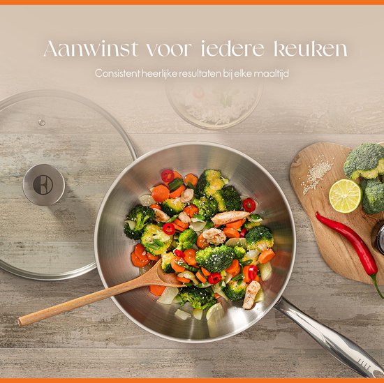 ELLE Gourmet Classique Edelstahl-Wokpfanne mit Deckel - Ø 28 cm - PFAS-frei - Induktion