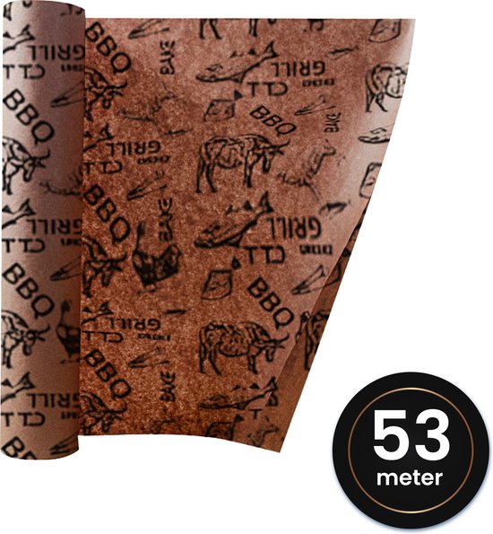 TTD® Fleischerpapier XXL mit lebensmittelechtem Aufdruck - 53 Meter - Professionelles 100% natürliches Fleischerpapier aus Zellstoff - BBQ-Zubehör - Grillen - Holzfasern - Unbeschichtetes Fleischerpapier
