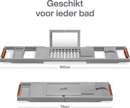 RelaxTub® Badewannenbrett - Badewannenbrett für die Badewanne - Badewannenregal - Verstellbar - Rutschfest - Badewannenbrett Grau - Badewannenbrett Holz - Badewannenregal mit Buchhalter, Tablet-Halter & Spiegel