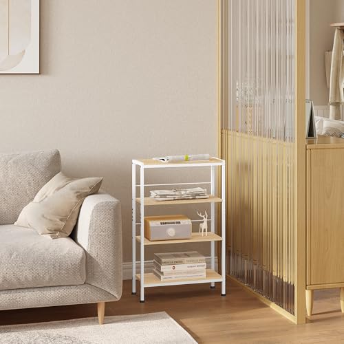 Woltu Eckregal mit 4 Etagen im nordischen Stil - Holz und Metall Helle Eiche + Weiß - 50 x 20 x 78 cm