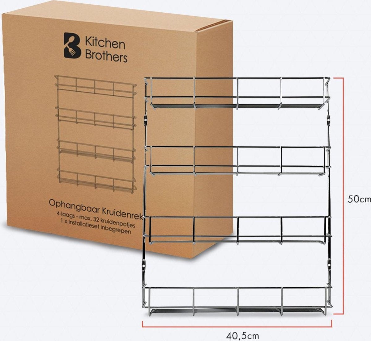 KitchenBrothers Hängendes Gewürzregal für 32 Gewürzdosen - Gewürzregal - Küchenregal - Gewürzorganisator - Gewürzaufbewahrung - 4 Schichten - 40 x 6,3 x 50 cm - Edelstahl