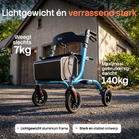 Brixy Rollator – Leicht & zusammenklappbar – 360°-Gummiräder – Sitzfunktion – Für drinnen und draußen – Rückenlehne, Tasche & Gehstockhalter – Blau