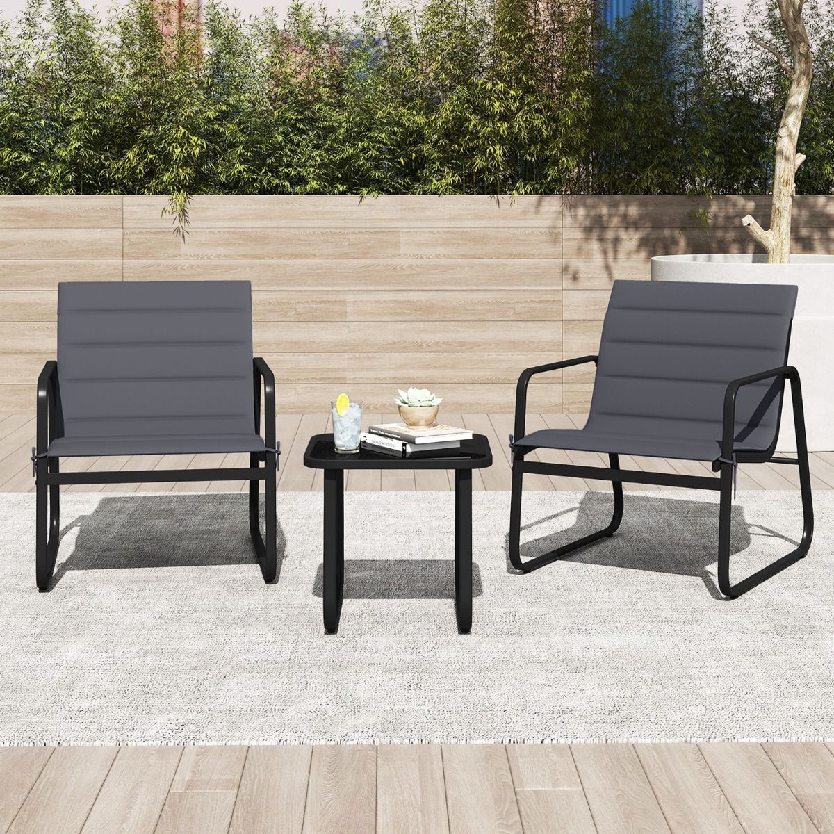 Coast 3-teiliges Gartenset – Gartenstühle mit abnehmbaren Kissen – Beistelltisch mit gehärtetem Glas – grau und schwarz