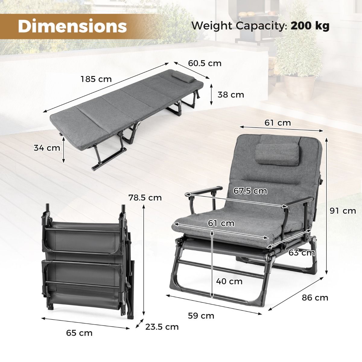 Coast Campingbett 3-in-1 – zusammenklappbares Feldbett und Liegestuhl – 6 Positionen – Grau und Schwarz