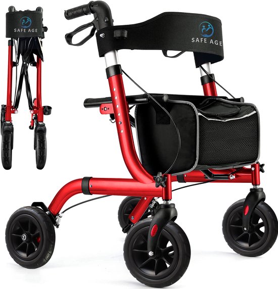 Safe Life® Rollator - Leicht und faltbar - Sitzfunktion - Für den Innen- und Außenbereich - Rückenlehne und Gehstockhalterung - Rot