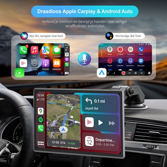 Strolox CarPlay-Bildschirm 9 Zoll – Kompatibel mit Apple CarPlay und Android Auto – Drahtlos – Navigationssystem – Universelles Auto-Stereo-Bluetooth – USB-C-Anschluss – 2 Befestigungshalterungen – 2024