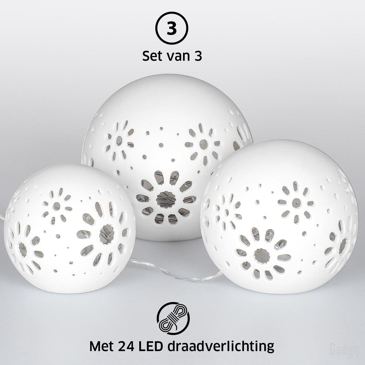 Gadgy Keramik-Kugellampe mit Lichterkette - 3 Stück: Ã˜ 8/10/12 cm - Batteriebetriebene Tischlampe - Stimmungsvolle Beleuchtung