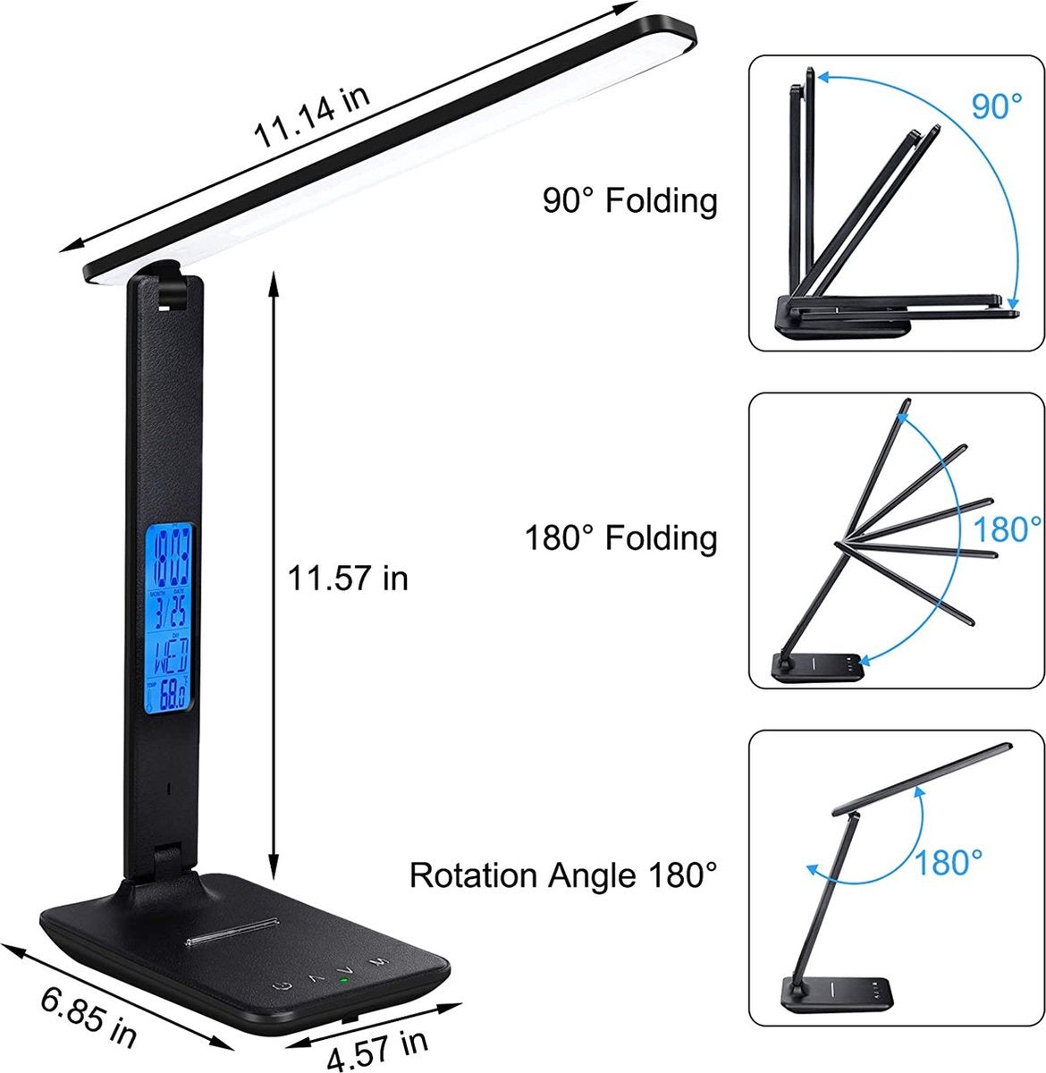 LED-Tischlampe - mit Kalender - USB-Ladeanschluss - klappbar - schwarz