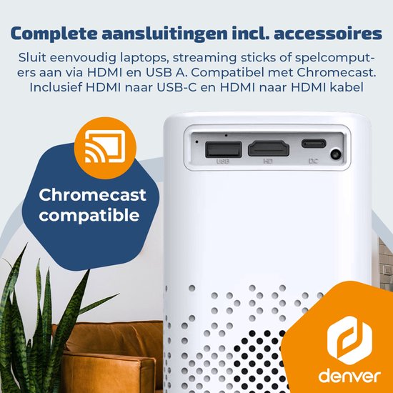 Denver tragbarer Beamer – 4K 3840 x 2160p – 150 ANSI-Lumen – Projektor – Integrierter Akku – Heimkino – HDMI – USB-C – PR4700