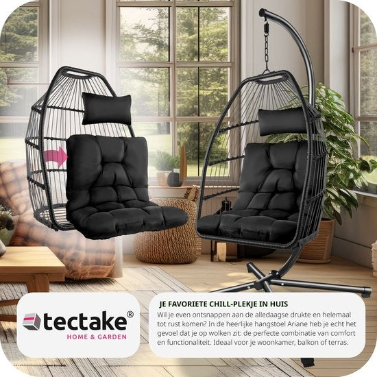 tectake - Hängesessel Ariane mit Ständer und Kissen 160kg - schwarz - 404981