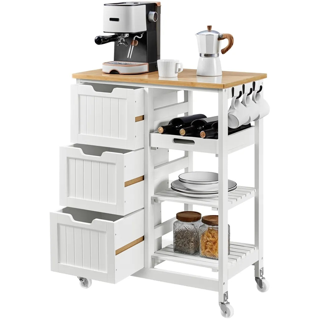 Yaheetech Küchenwagen auf Rädern – Weiß/Bambus – 67 x 37 x 84,5 cm – Mit 3 Schubladen und 3 Einlegeböden