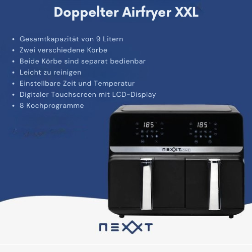 Nexxt Digital Double Airfryer XXL - Mit Touchscreen - 5,5 + 3,5 Liter - 8 Kochprogramme - Schwarz
