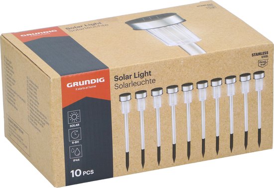 Grundig Solar-Gartenleuchten - Gartenfackeln 10 Stück - Solarstrom-Punktstrahler - Gartenlaternen mit weißem Licht - IP44 wasserdicht - Batterielebensdauer 6-8 Stunden - Ø4,8 x 36,5 cm - Edelstahl