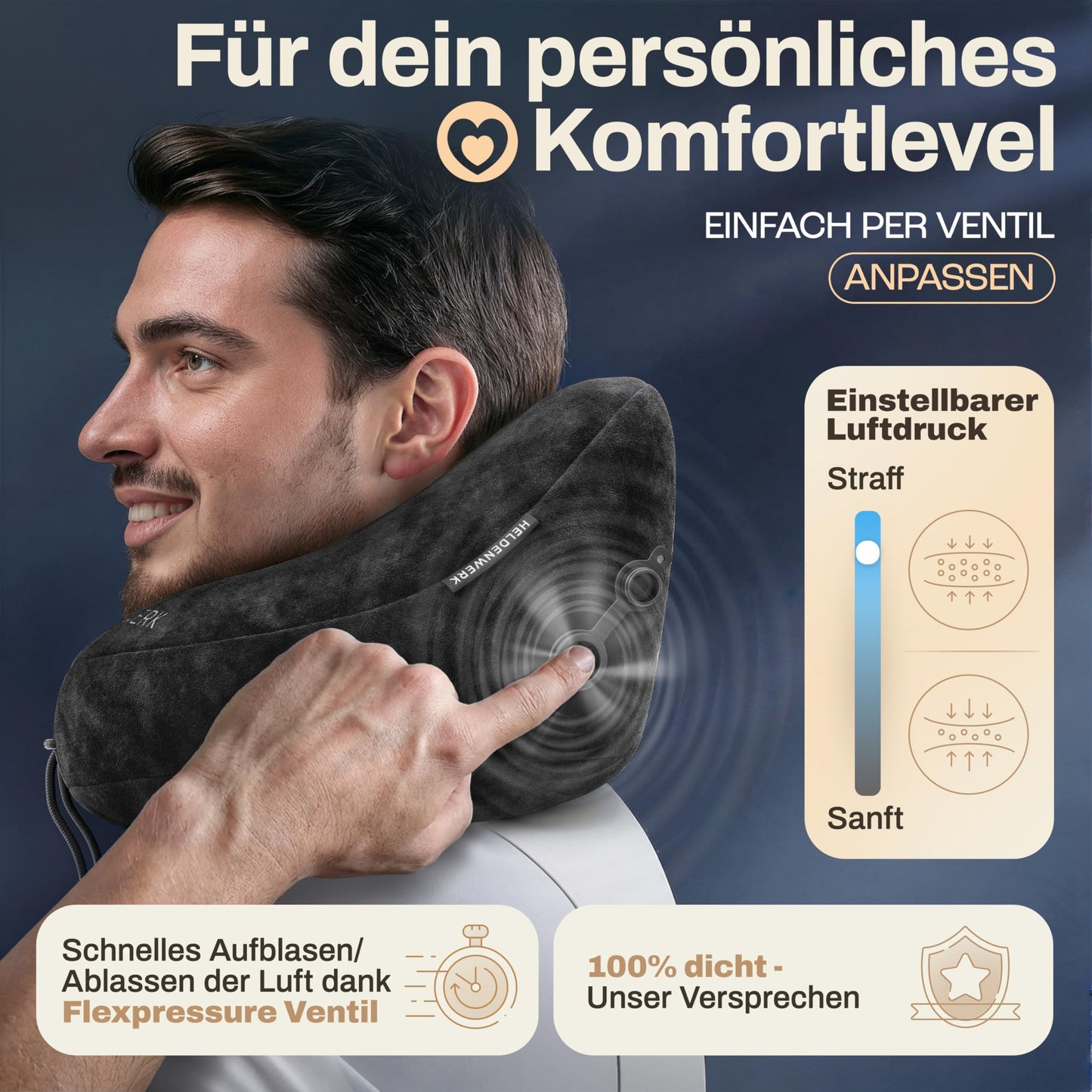 Heldenwerk Nackenkissen – Aufblasbar – Kapuze – Reisekissen – Schwarz