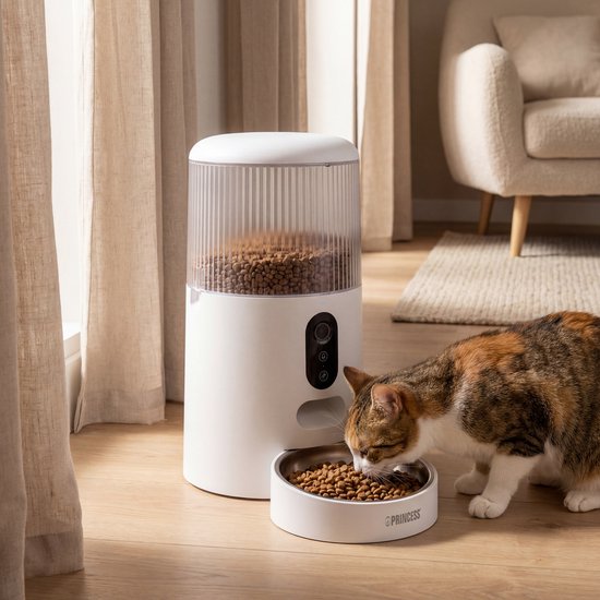 Princess Automatischer Fressnapf – HD-Kamera & Smart – 4 Liter – Katze & Hund – App-Steuerung – Geplante Fütterung – Edelstahlschüssel – Pufferbatterie – Futterautomat – Futterspender – 610045