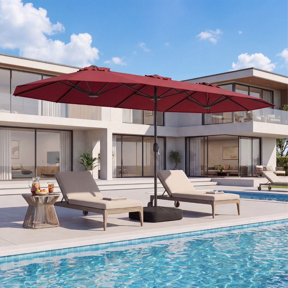 Coast Doppel-Terrassenschirm – extra großes Tuch – beschwerter Fuß – Weinrot 400 x 212 cm