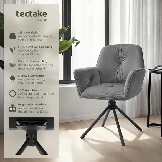 tectake® Drehstuhl Lenia - 2er-Set Drehstühle mit Armlehne - Esstischdrehstuhl - Drehsessel - gepolstert - Samtoptik Anthrazit/Schwarz