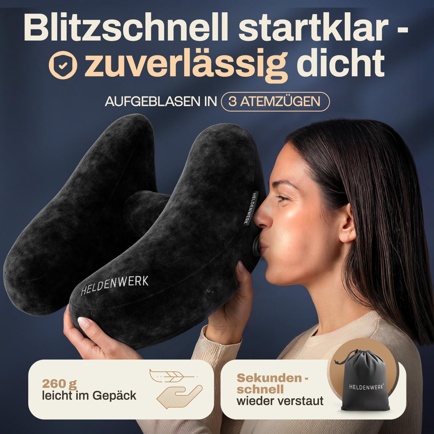 Heldenwerk Nackenkissen – Aufblasbar – Kapuze – Reisekissen – Schwarz