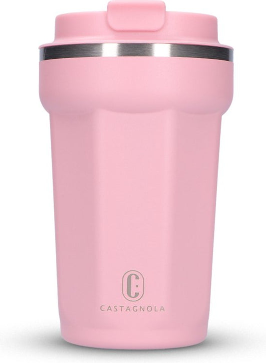 Castagnola Thermosbecher - Kaffeebecher To Go - Reisebecher für Kaffee und Tee - Teebecher - 380 ML - Edelstahl - Rosa - Achteck