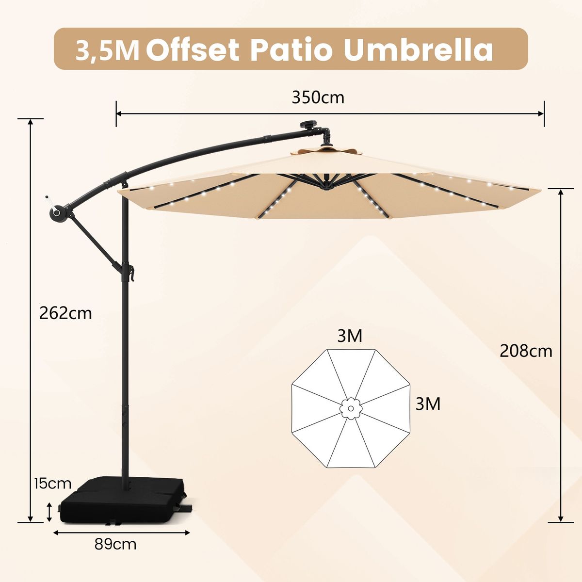 Coast Terrassenschirm mit solarbetriebener LED-Beleuchtung – verstellbarer Schwenkarm – beige – Ø 350 cm