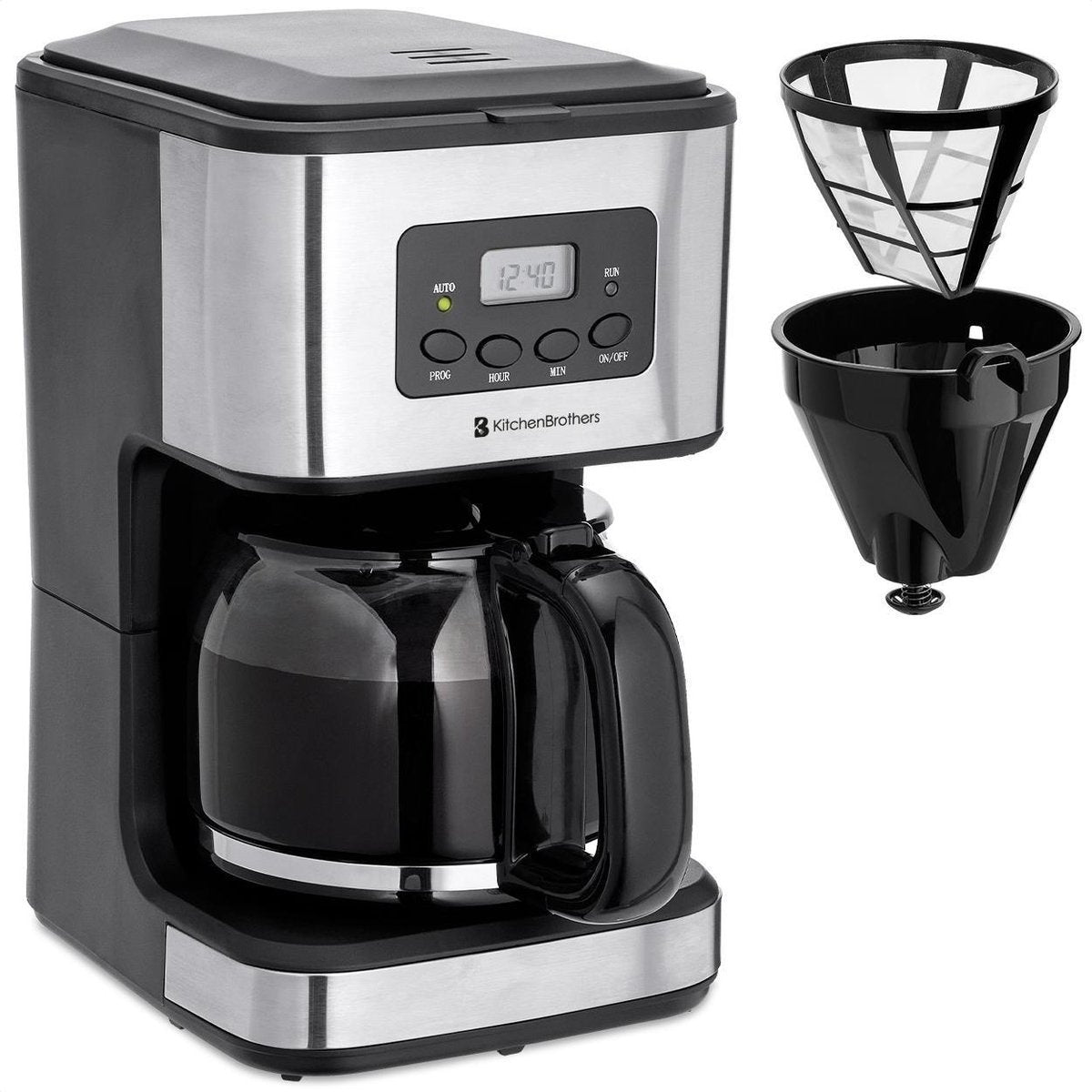 KitchenBrothers Kaffeemaschine - Filterkaffee - mit Glaskanne - 12 Tassen - Schwarz/RSF