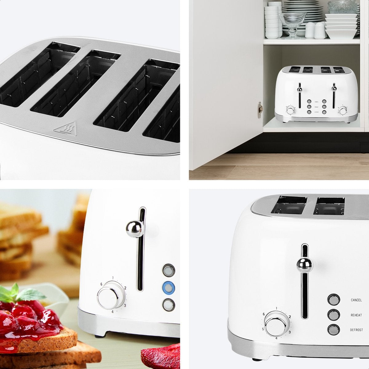 KitchenBrothers Retro-Toaster - 6 Heizstufen - 4 extra breite Schlitze - 1630W - Aufwärm- und Auftaufunktion - Weiß