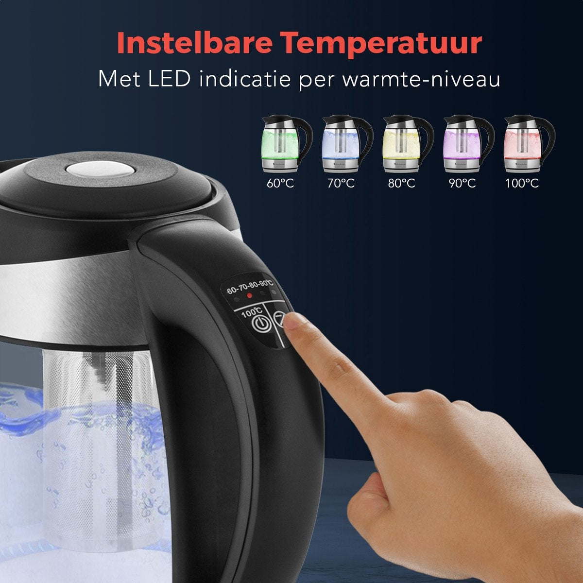 KitchenBrothers Elektrischer Wasserkocher - 1,8L - Temperaturregelung - Warmhaltefunktion - mit Teefilter - 2200W - 1,8L - Glas - Edelstahl