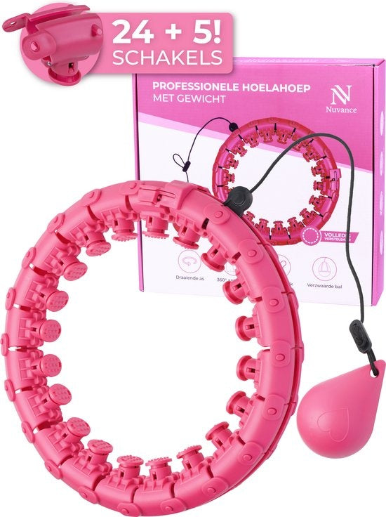 Nuvance verstellbarer Hula-Hoop-Reifen mit Gewicht - 24 + 5 Glieder - Inkl. eBook - Für Erwachsene und Kinder - Pink