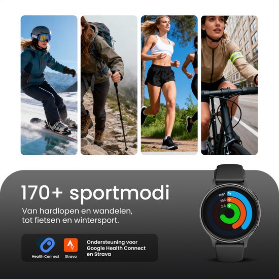 Maoo Ventura 2 – GPS-Smartwatch für Damen – AMOLED – Silikon-, Leder- und Sportarmband – Schrittzähler – Herzfrequenzmesser – Schlafmonitor – Anruffunktion – AOD – Multisport – Kompatibel mit Android und iOS – Schwarz