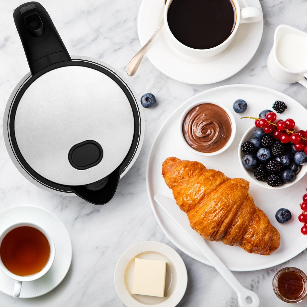 KitchenBrothers - Elektrischer Wasserkocher - Retro - 1,7L - mit Filter - 2200W - Glas - rostfreier Stahl